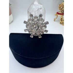 Vintage Stunning Clear Rhinestone Silver Tone Starburst Sunburst Flower Brooch